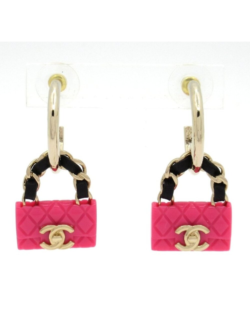 Chanel Earrings Leather Gold Pink Black Quilted Bag Motif